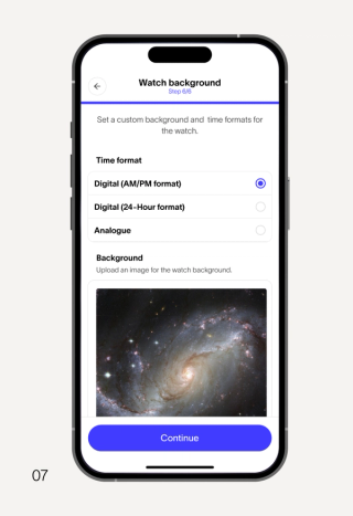 A smartphone displaying a watch background customization screen with time format options, a spiral galaxy image preview, and a Continue button.