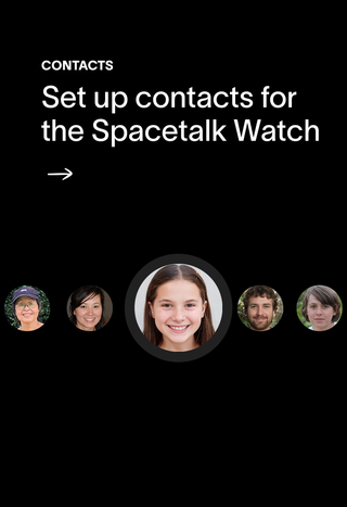 A screen displays "Set up contacts for the Spacetalk Watch" text above five circular profile pictures of diverse people, with a young girl's photo prominently featured in the center.