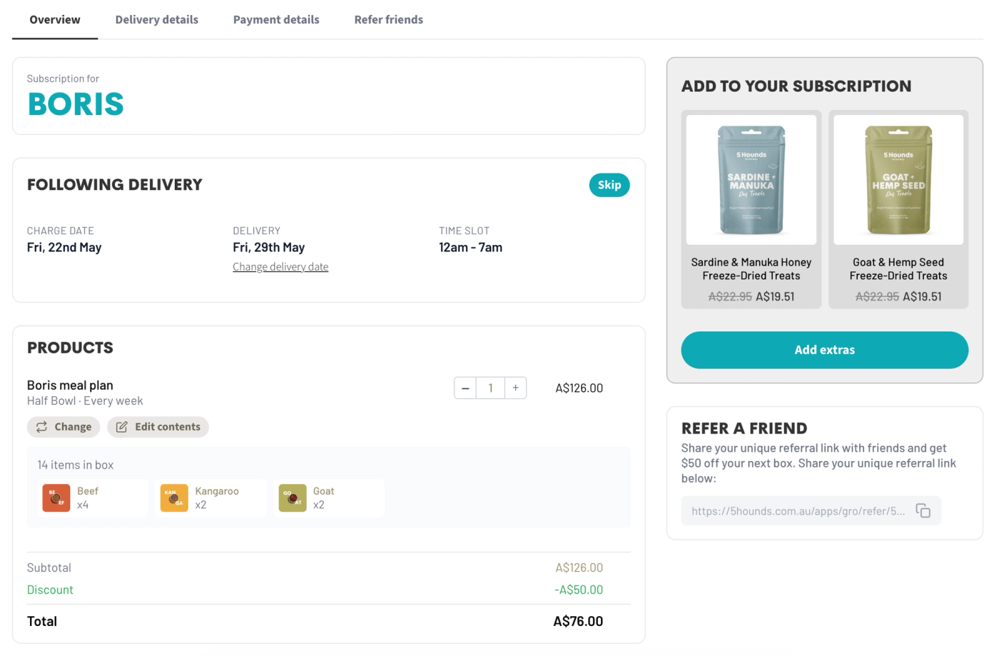 Gro customer portal showing the next delivery, box contents and add-on products