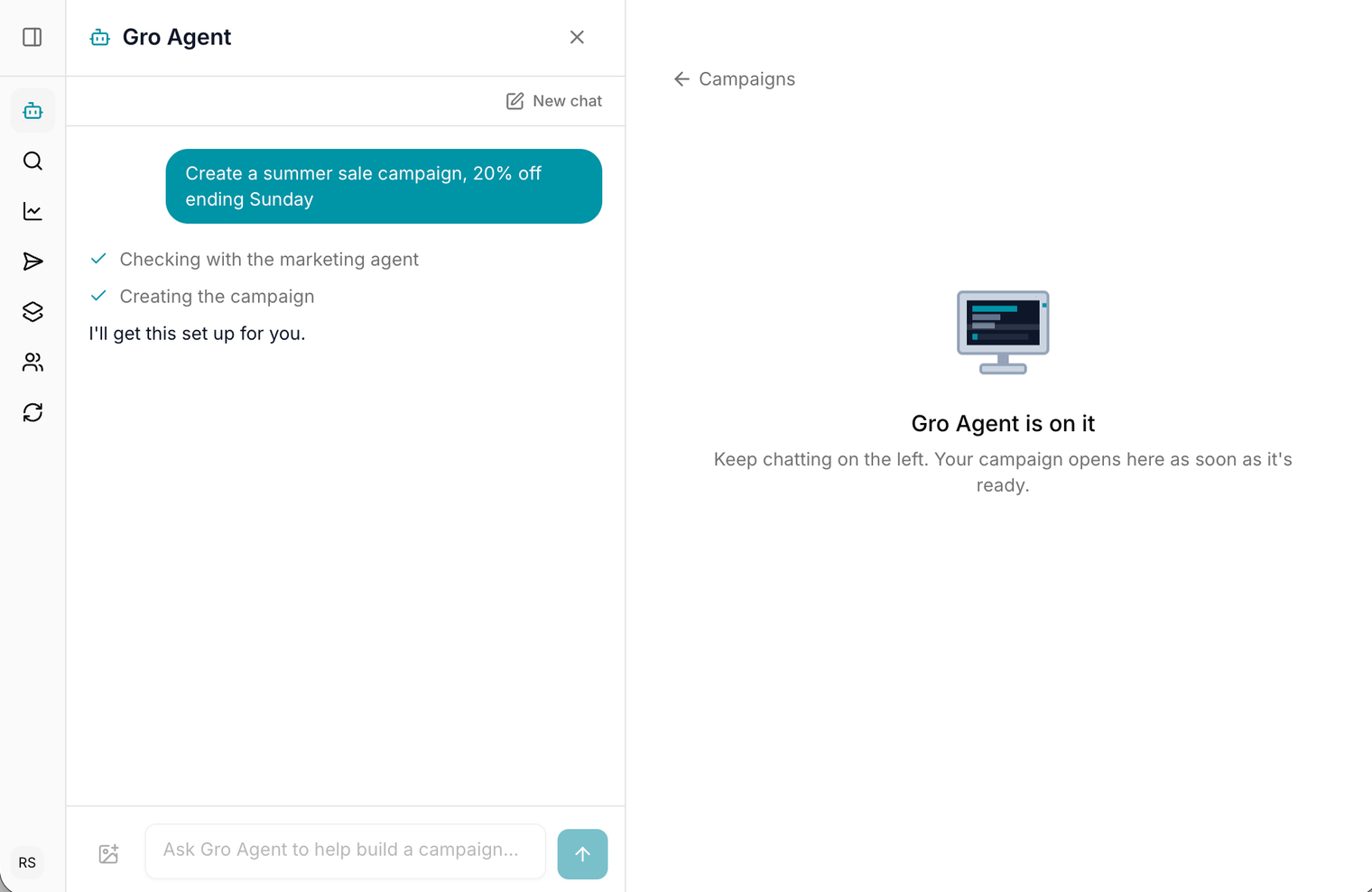Gro Agent in the dashboard building an email campaign from a chat