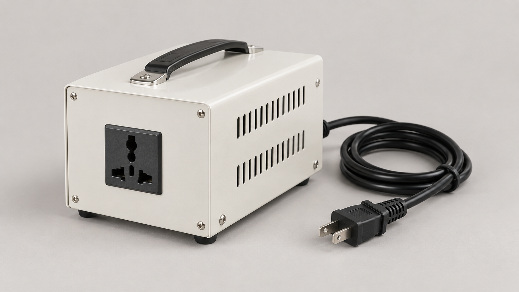 Illustrative travel voltage transformer with a handle and power cable.