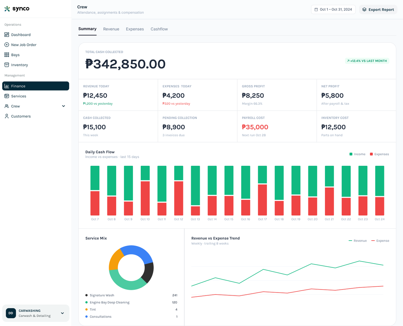 Synco finance summary dashboard