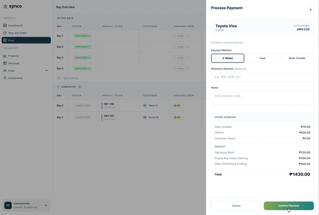 Synco payment processing screen