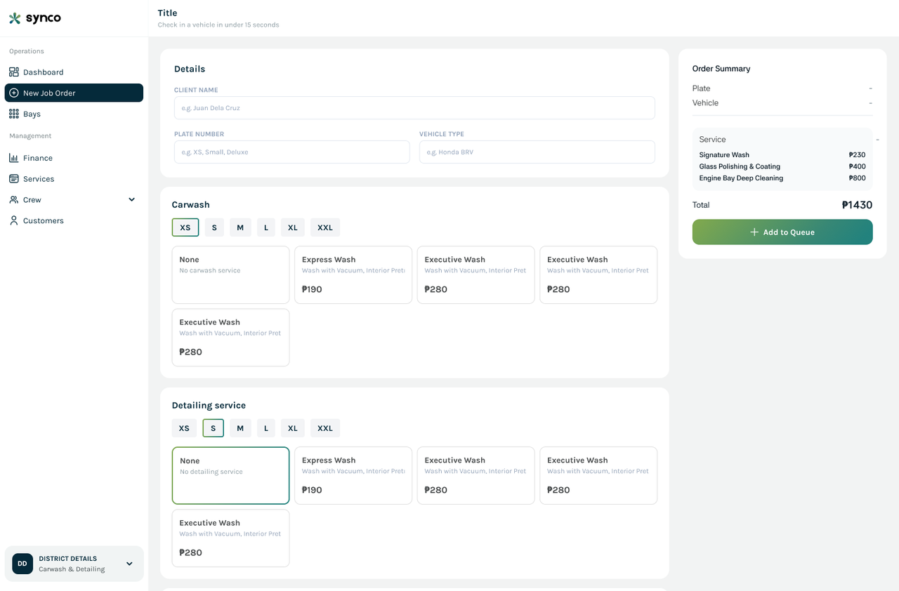 Synco new job order screen