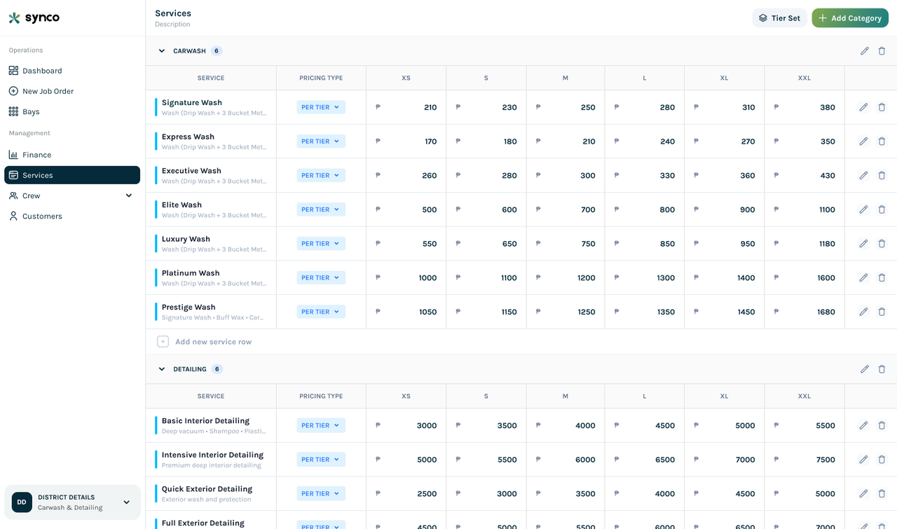 Synco services and pricing screen