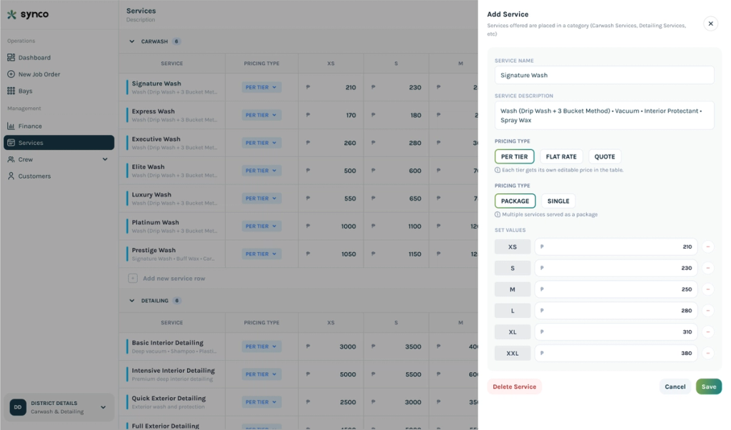 Synco service and tier pricing editor