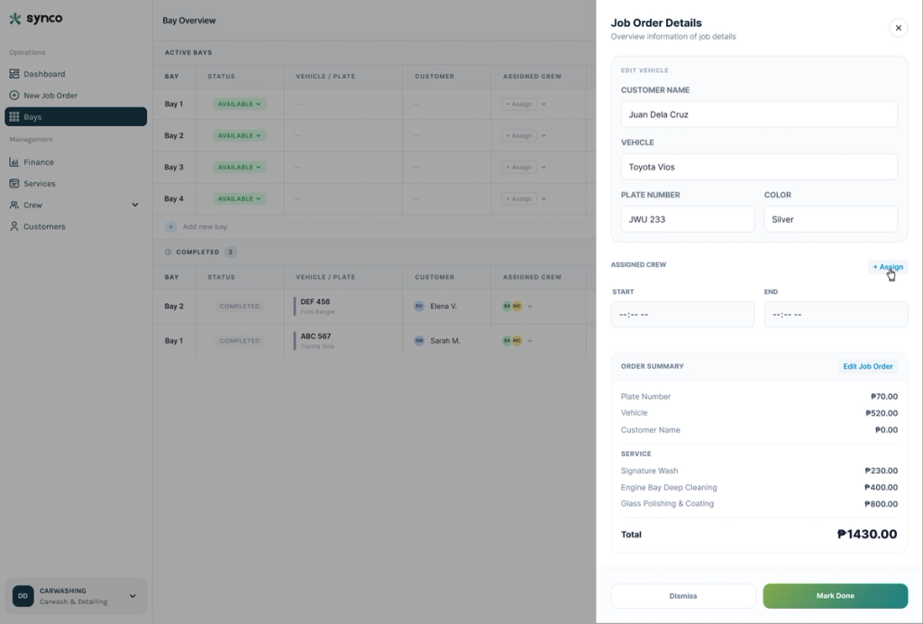 Synco bay overview and job order details