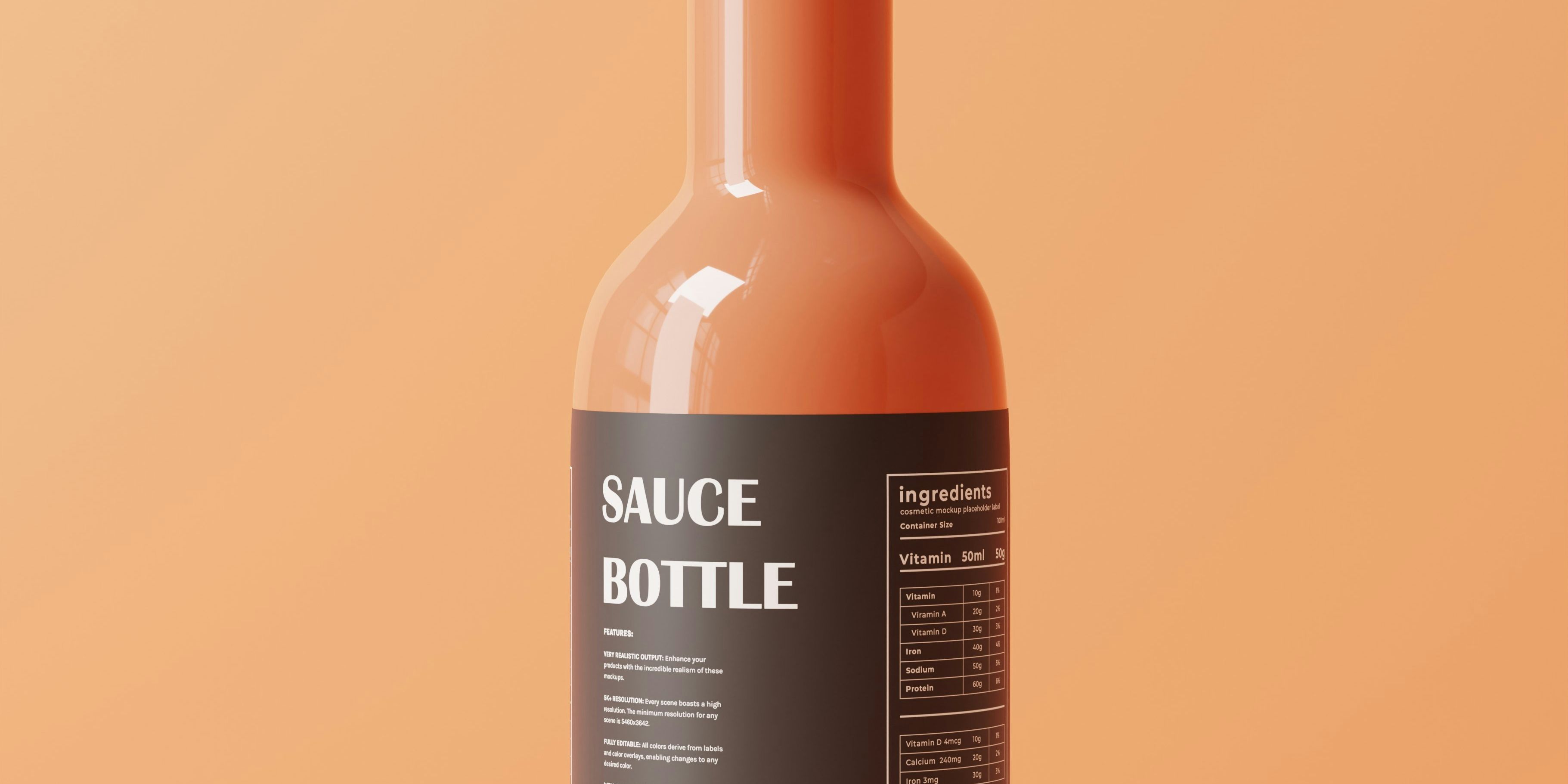 a sauce bottle with a black label is sitting on a table .