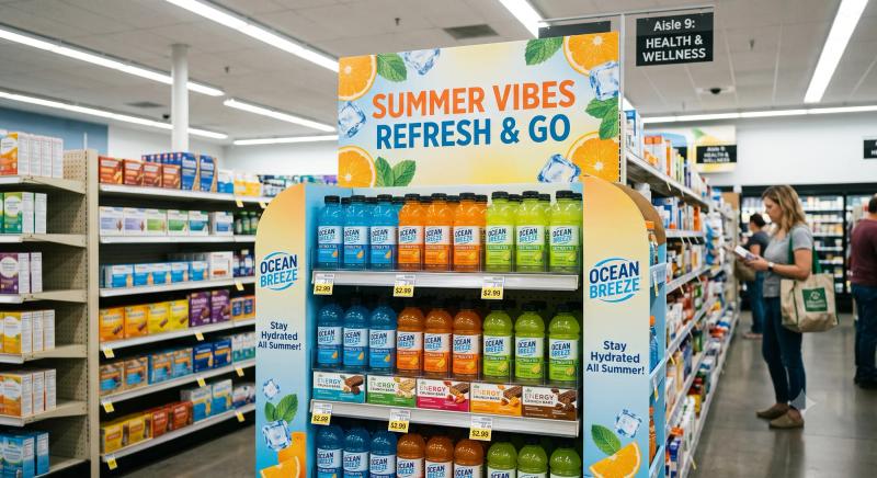 Point-of-purchase cardboard display in a retail aisle with summer campaign graphics