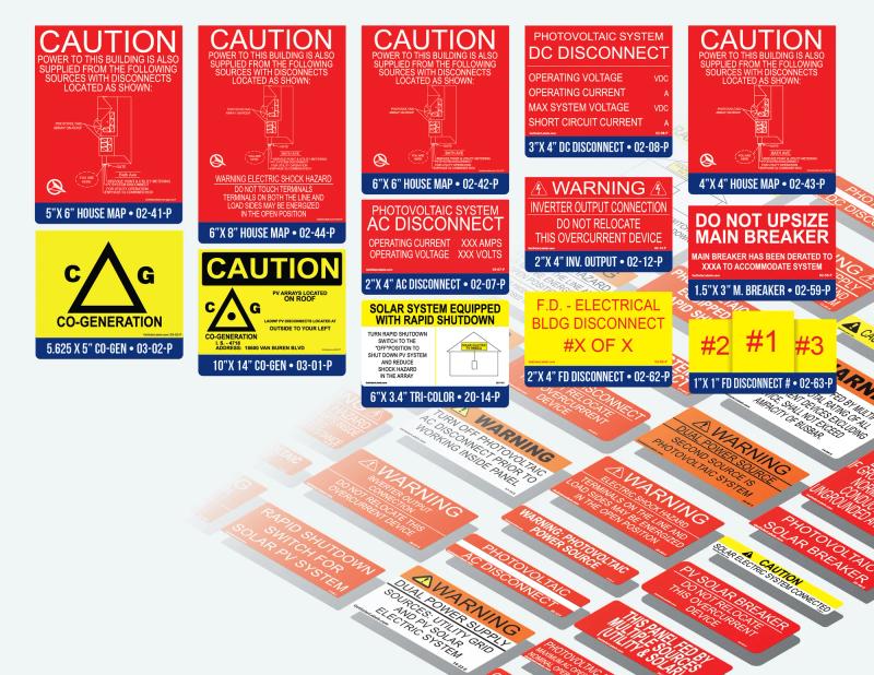 Grid of red and yellow solar system caution and disconnect labels