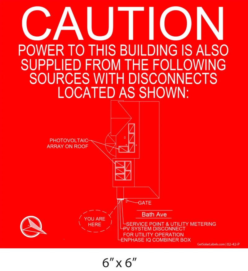 Red 6x6 solar disconnect caution placard with site map engraving