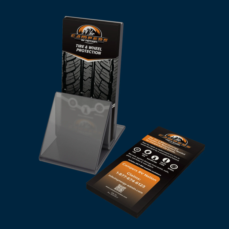 Branded counter display with tire graphic and matching rack cards