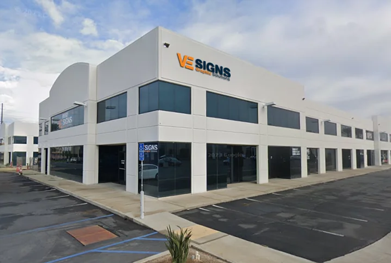 Exterior of the VE Signs facility with building signage in Riverside, CA