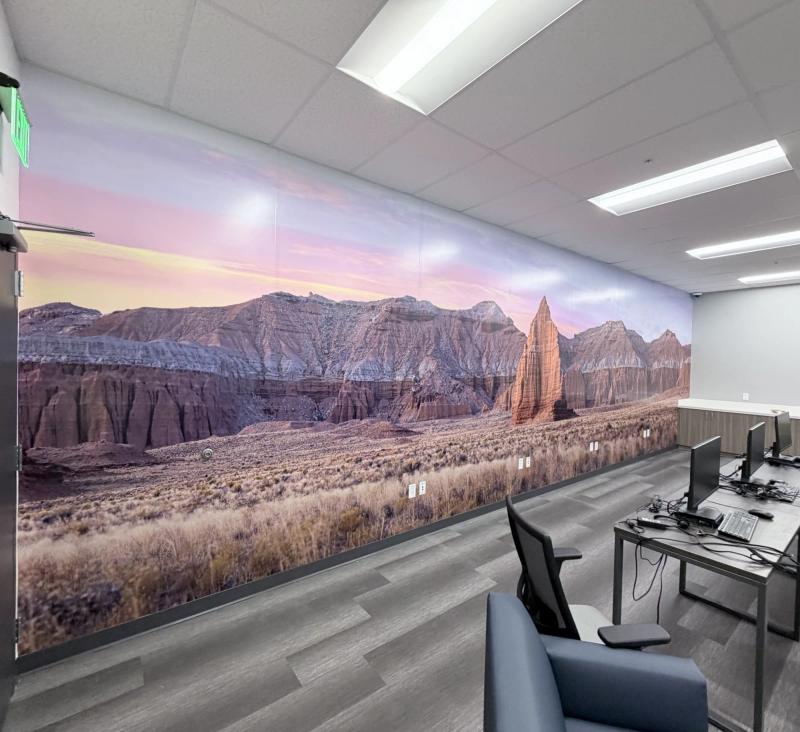 Wall-length printed mural of Cathedral Valley at sunset covering the full wall of a corporate training room