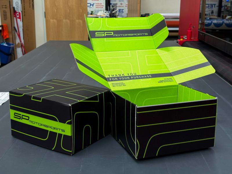 SP Motorsports retail packaging box designed and printed by VE Signs