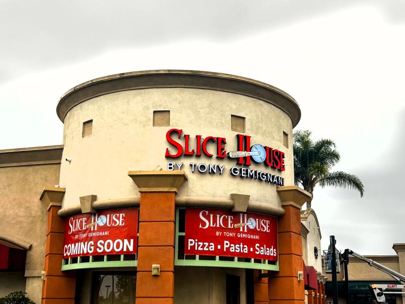 Slice House halo lit channel letters on a storefront, fabricated and installed by VE Signs in Riverside CA