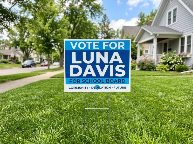 Coroplast campaign yard sign staked into a residential lawn