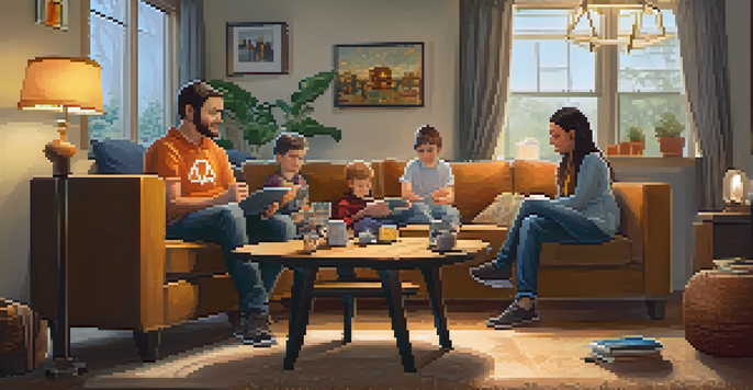A family discussing Bitcoin wallets in a cozy living room, with a laptop displaying a Bitcoin wallet interface.