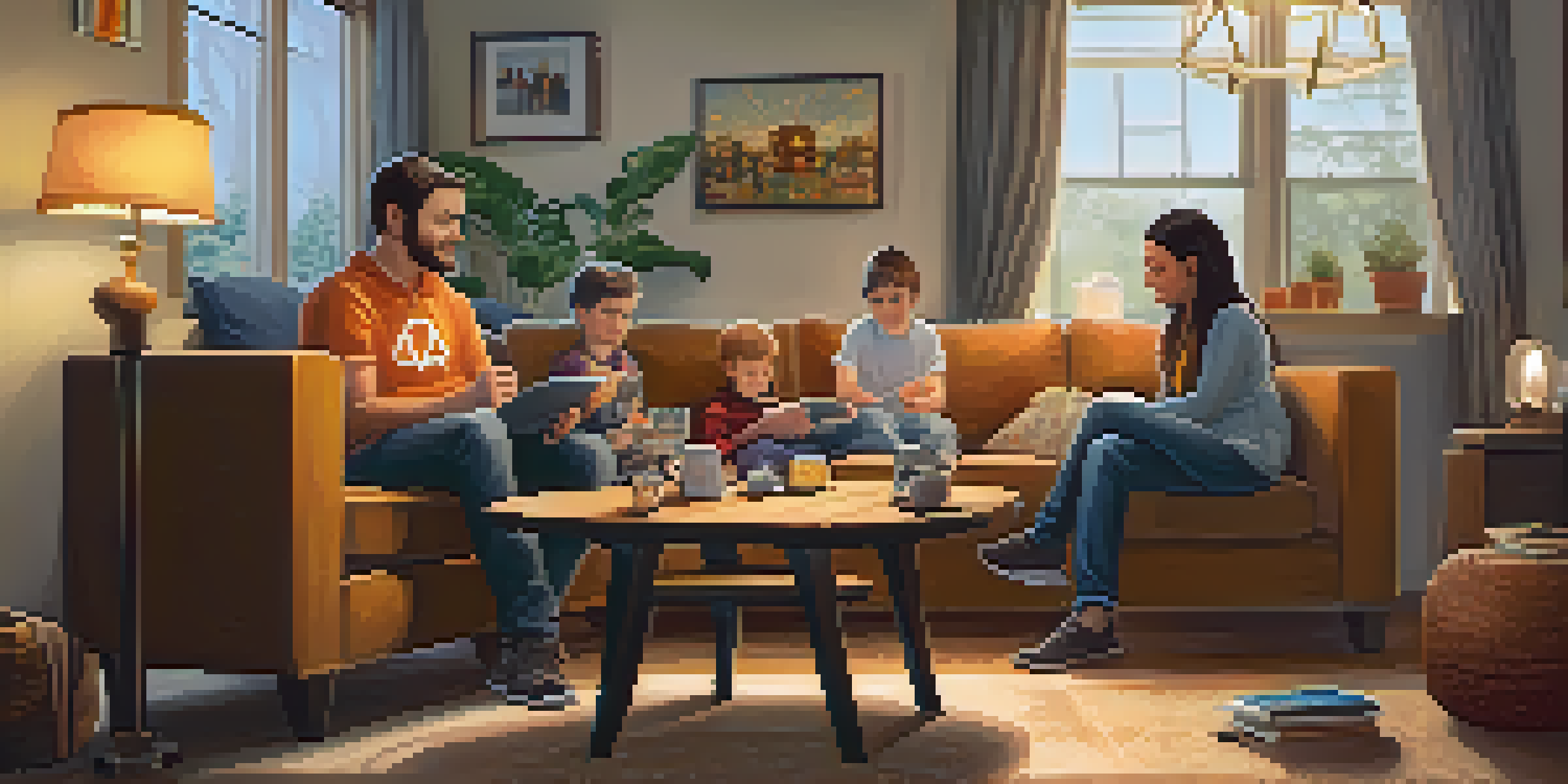 A family discussing Bitcoin wallets in a cozy living room, with a laptop displaying a Bitcoin wallet interface.