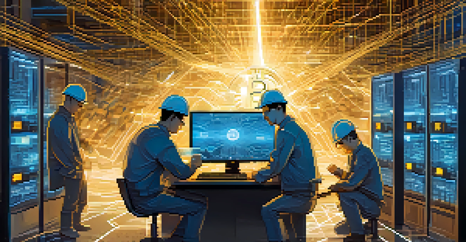 An illustration showing the Bitcoin mining process with miners at computers and Bitcoin coins emerging.