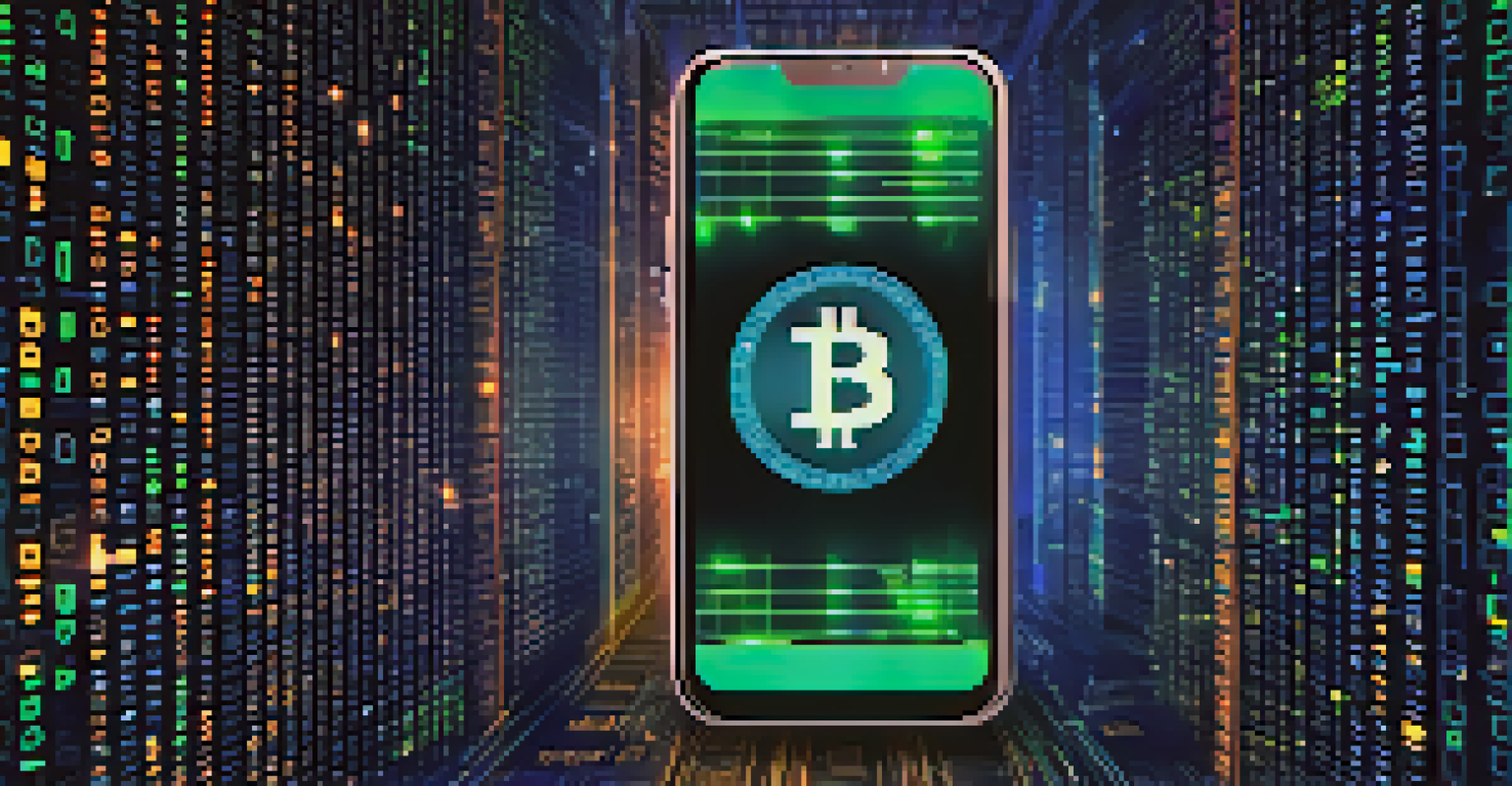 A smartphone displaying a software Bitcoin wallet against a digital background with binary code.