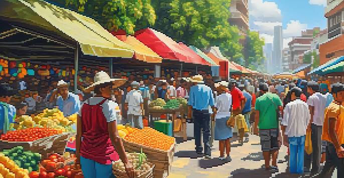 A vibrant street market in Venezuela where people are trading goods while using smartphones to transact with Bitcoin, showcasing colorful stalls filled with fresh produce.