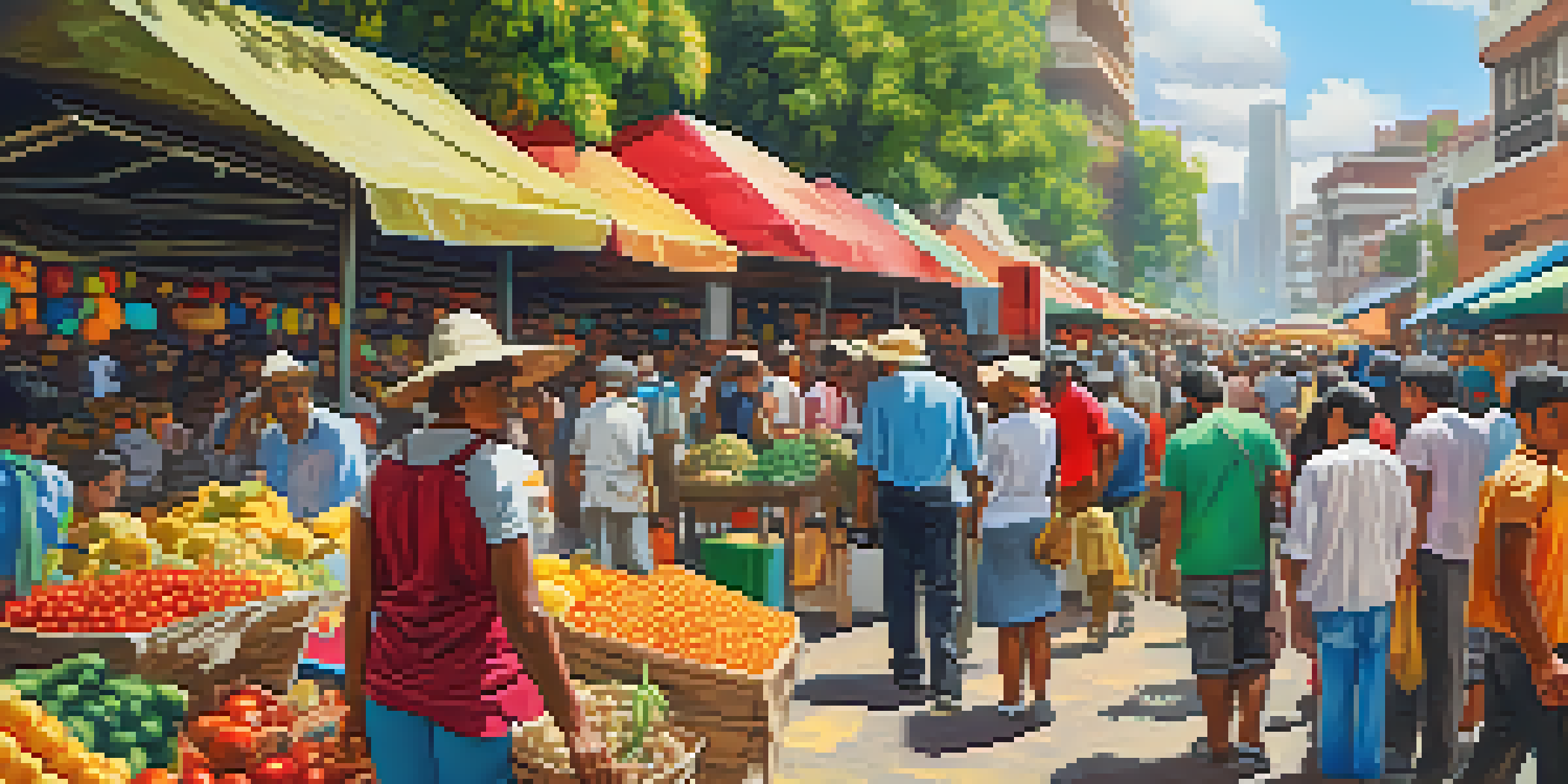 A vibrant street market in Venezuela where people are trading goods while using smartphones to transact with Bitcoin, showcasing colorful stalls filled with fresh produce.