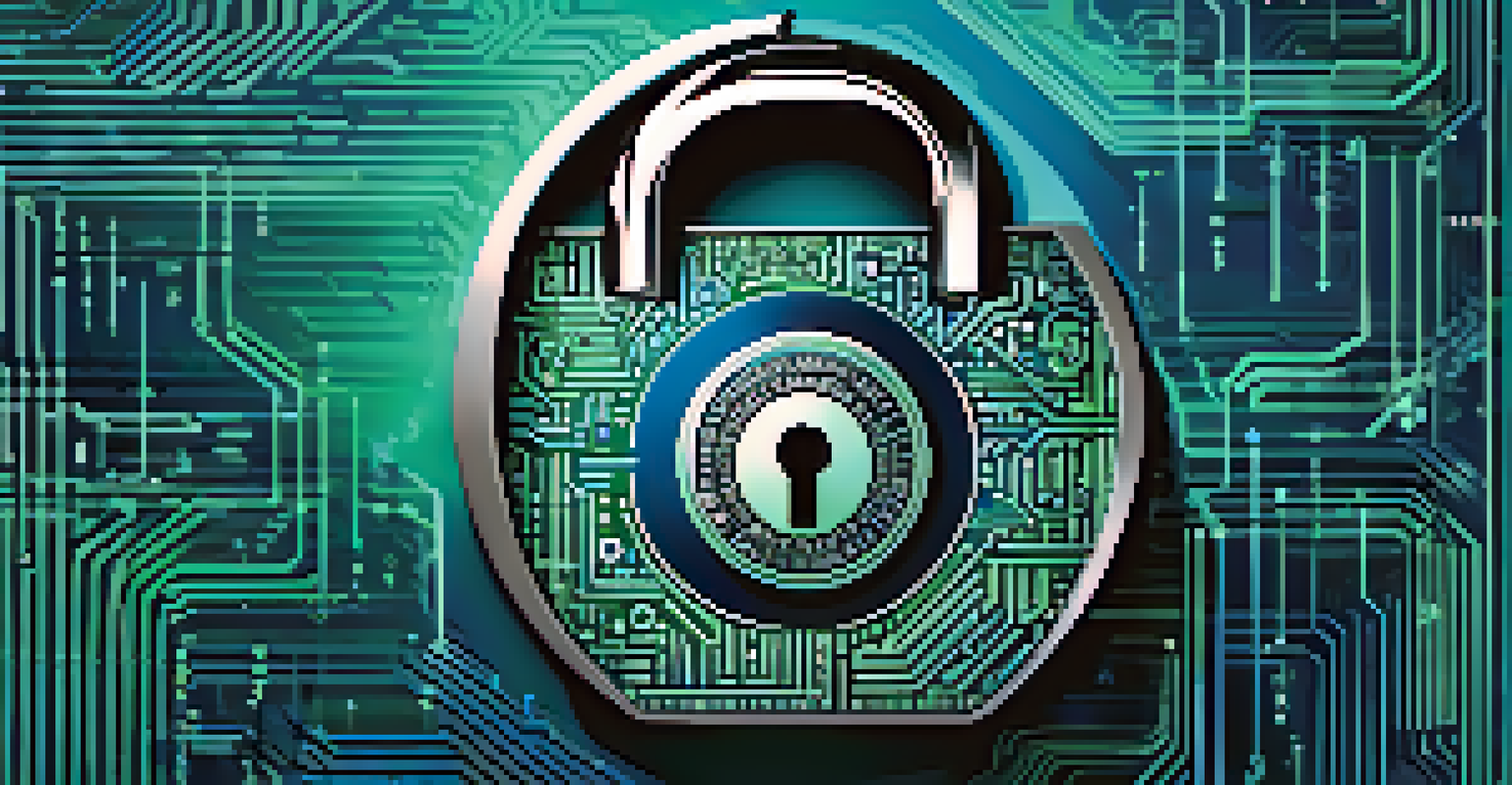 An abstract digital illustration of a lock symbol surrounded by code and geometric shapes.