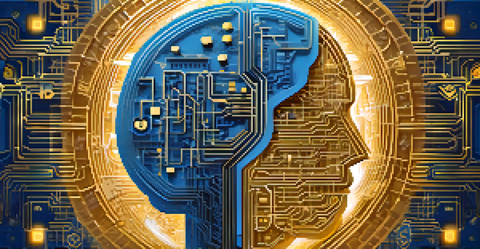 An artistic depiction of AI and Bitcoin integration, featuring a digital brain and blockchain patterns.