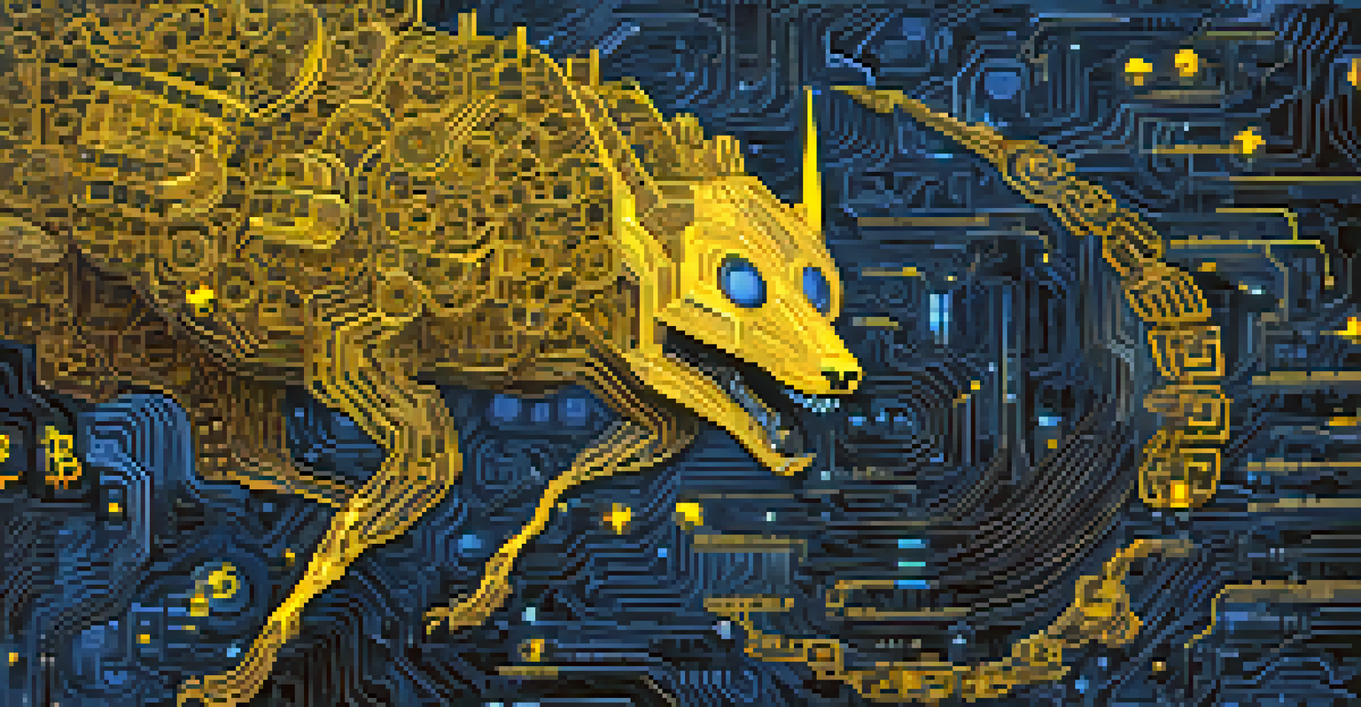 Abstract creatures representing malware surrounding a bright Bitcoin logo, highlighting the digital threat.