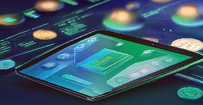 A digital wallet interface on a tablet, featuring Bitcoin and other cryptocurrencies, with a futuristic design and a soft blue and green background.