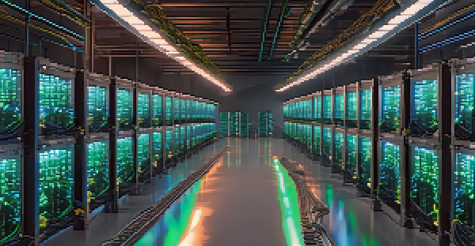 A Bitcoin mining farm with rows of ASIC machines glowing in blue and green lights in a dimly lit environment, showcasing a high-tech atmosphere.