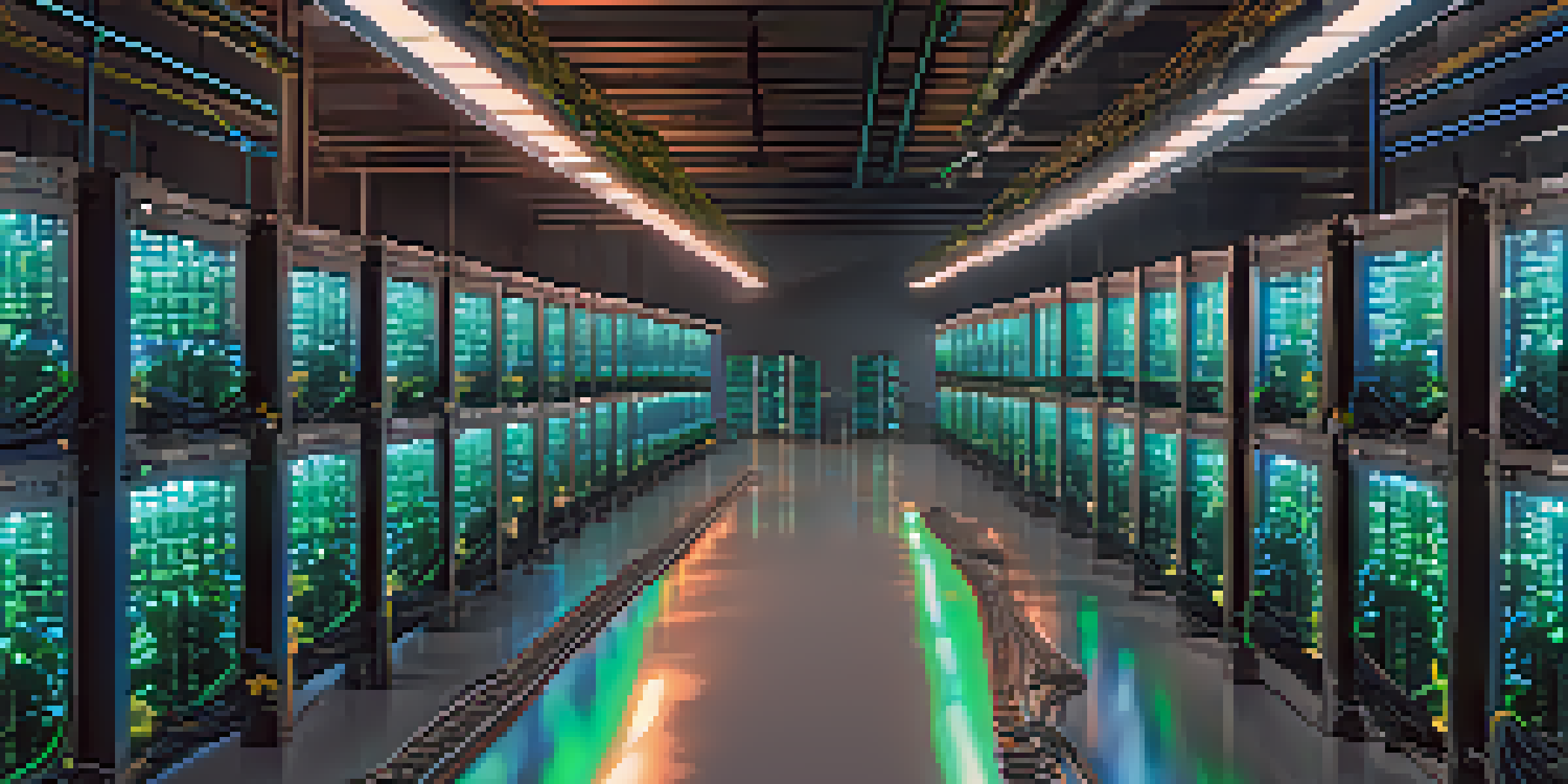 A Bitcoin mining farm with rows of ASIC machines glowing in blue and green lights in a dimly lit environment, showcasing a high-tech atmosphere.