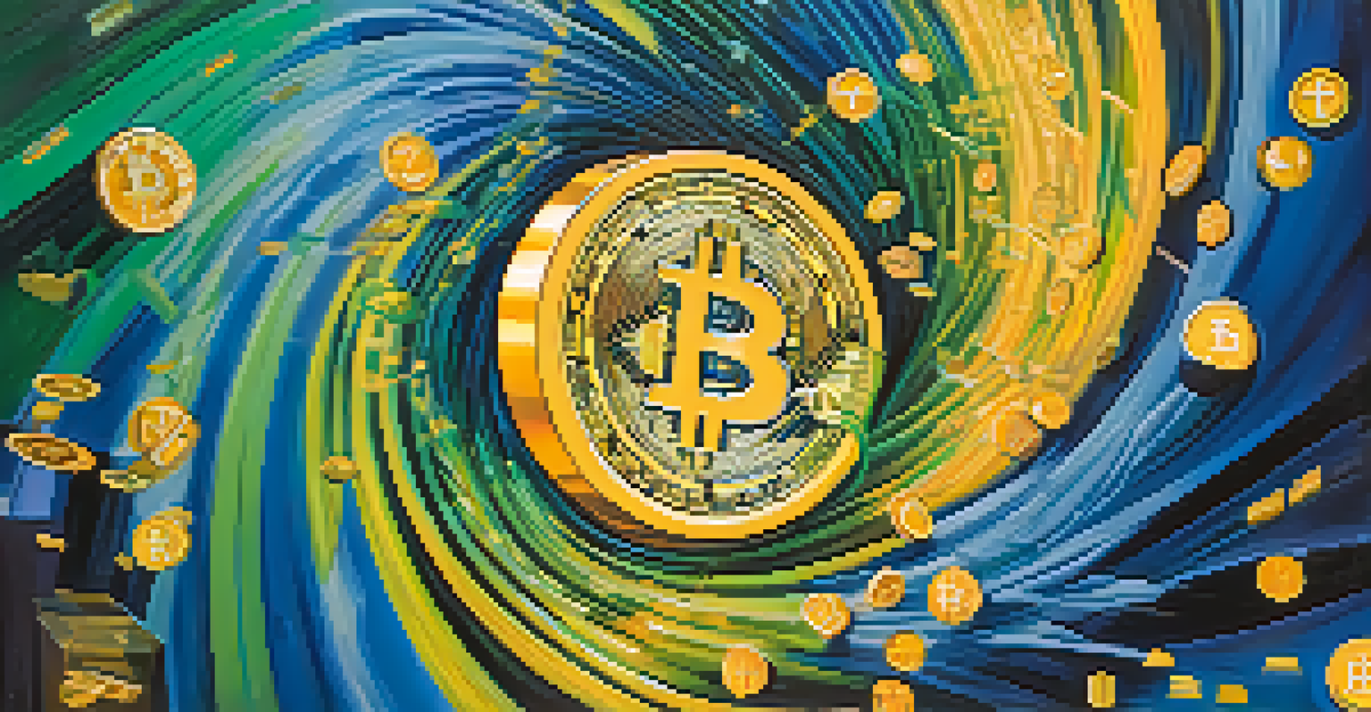 An abstract representation of cryptocurrency speculation with swirling Bitcoin symbols and upward graphs.