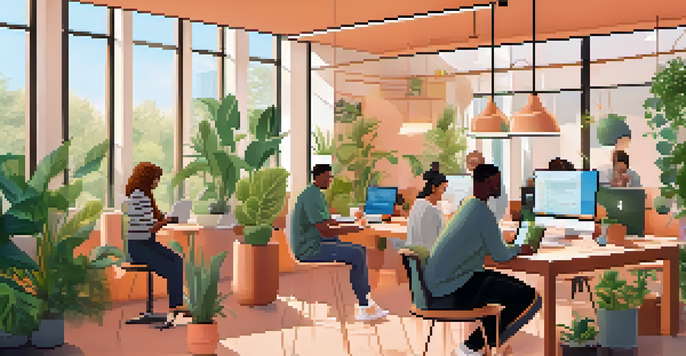 A diverse group of freelancers working in a bright co-working space, with laptops and Bitcoin symbols in the background.