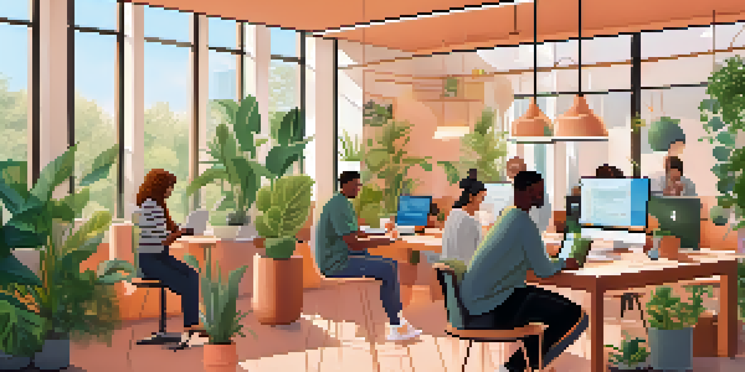 A diverse group of freelancers working in a bright co-working space, with laptops and Bitcoin symbols in the background.