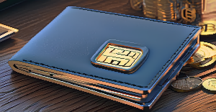 A modern hardware wallet on a wooden desk, surrounded by Bitcoin coins and a notepad with passwords, highlighting security.