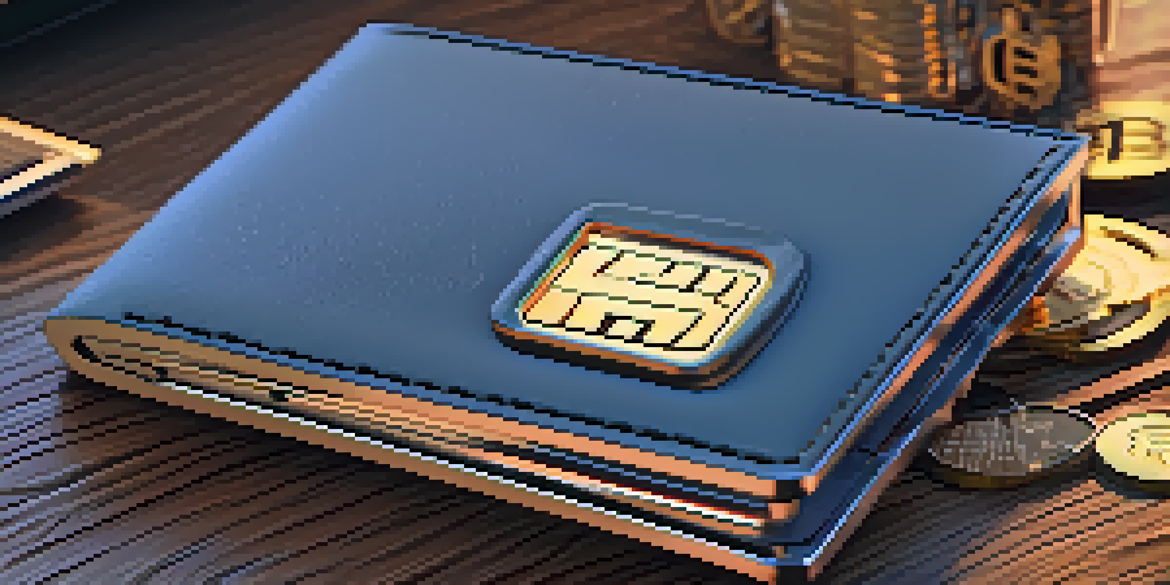 A modern hardware wallet on a wooden desk, surrounded by Bitcoin coins and a notepad with passwords, highlighting security.