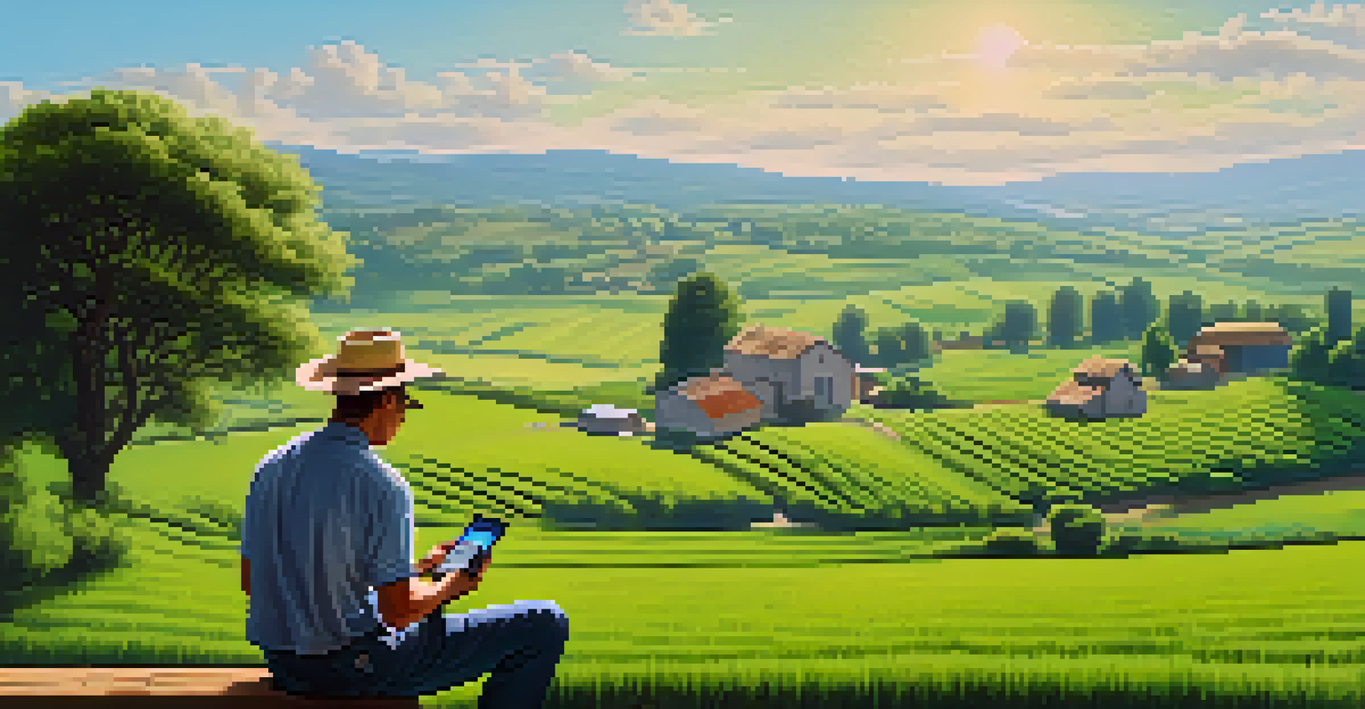 A rural landscape with a farmer using a mobile device for a Bitcoin transaction, surrounded by green fields and a farmhouse.