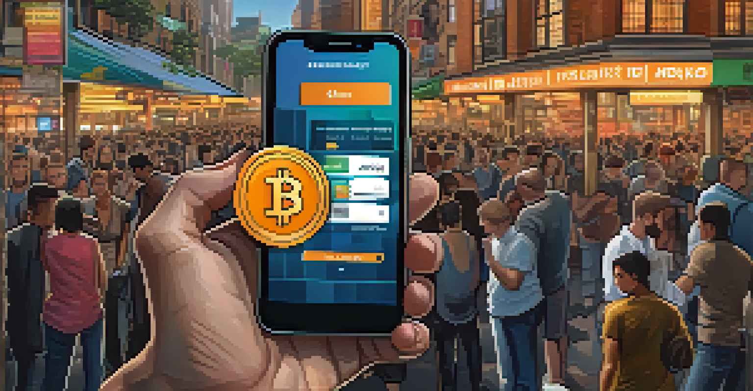 A close-up of a smartphone with a Bitcoin wallet interface, against a busy market scene with people engaging in trade.