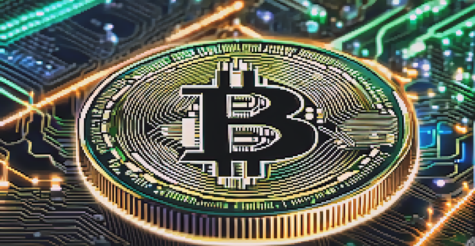 A detailed close-up of a Bitcoin coin on a circuit board with glowing lights, symbolizing technology and innovation.