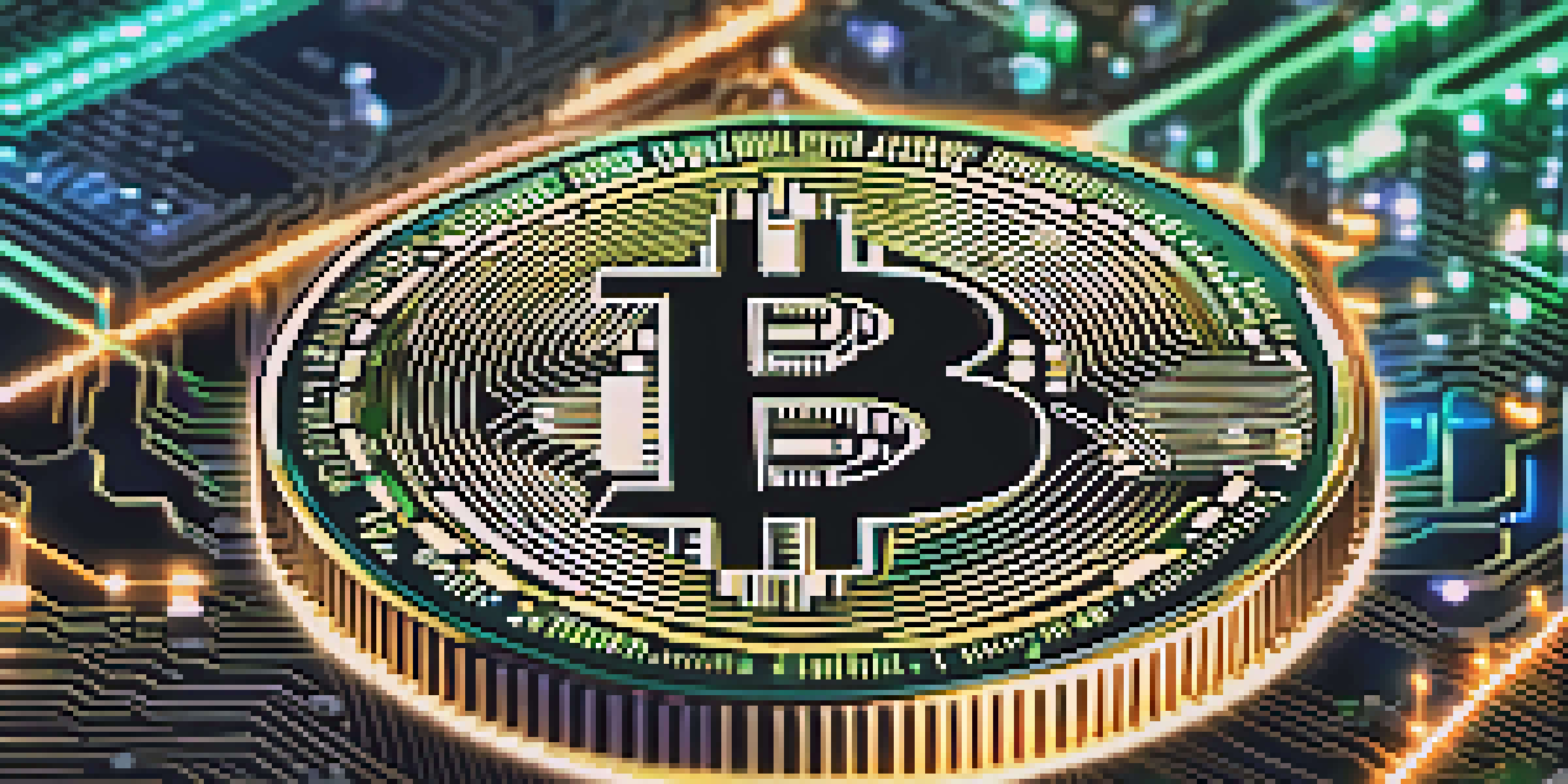 A detailed close-up of a Bitcoin coin on a circuit board with glowing lights, symbolizing technology and innovation.