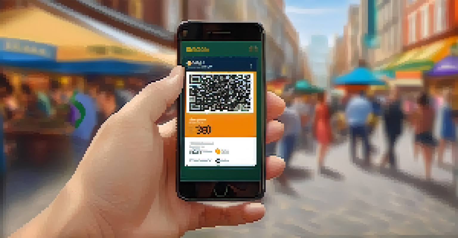 Close-up of a hand holding a smartphone with a Bitcoin wallet app against a lively market scene.