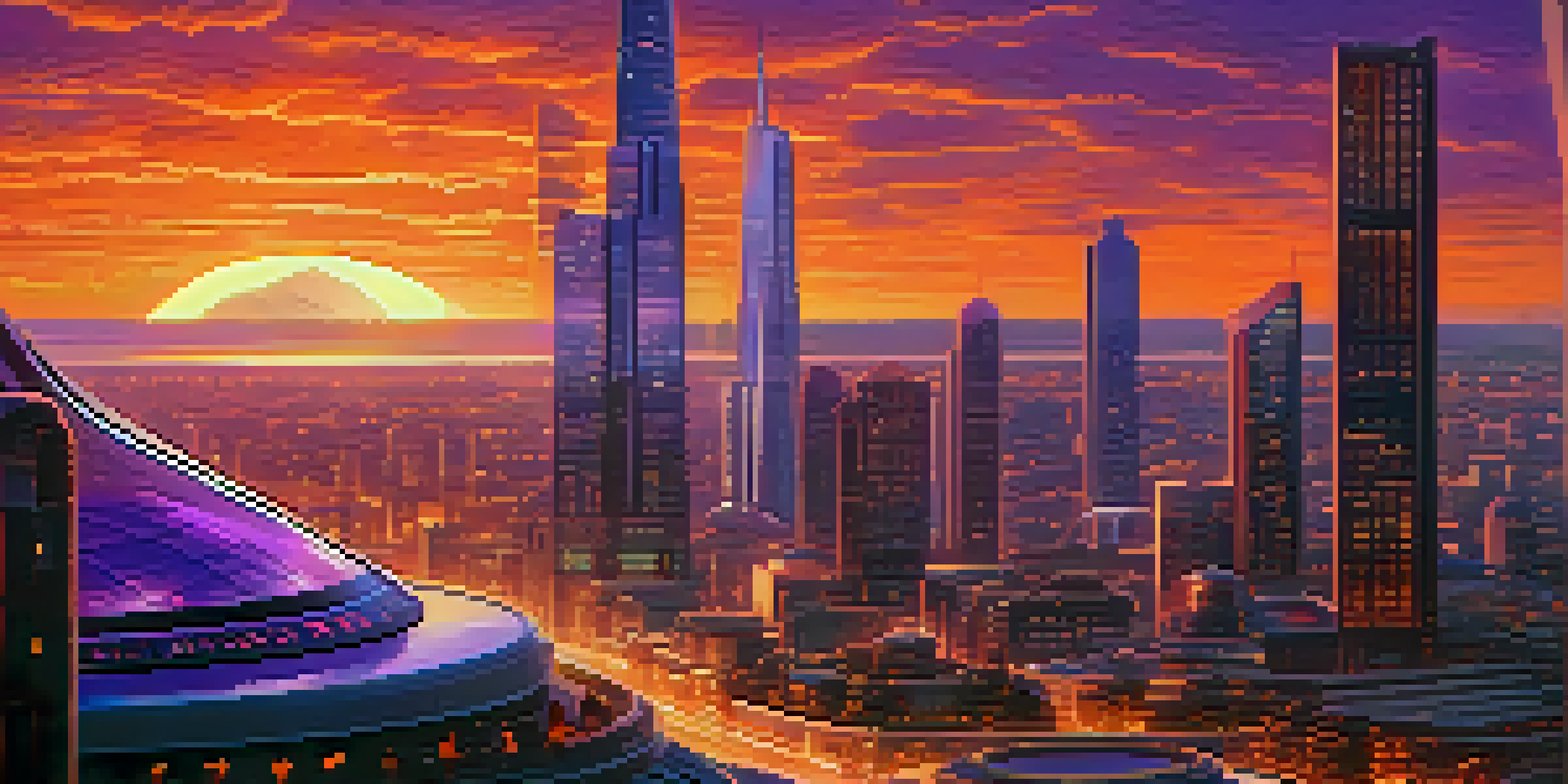 A vibrant city skyline during sunset with futuristic architecture and Bitcoin symbols, illustrating digital transactions.