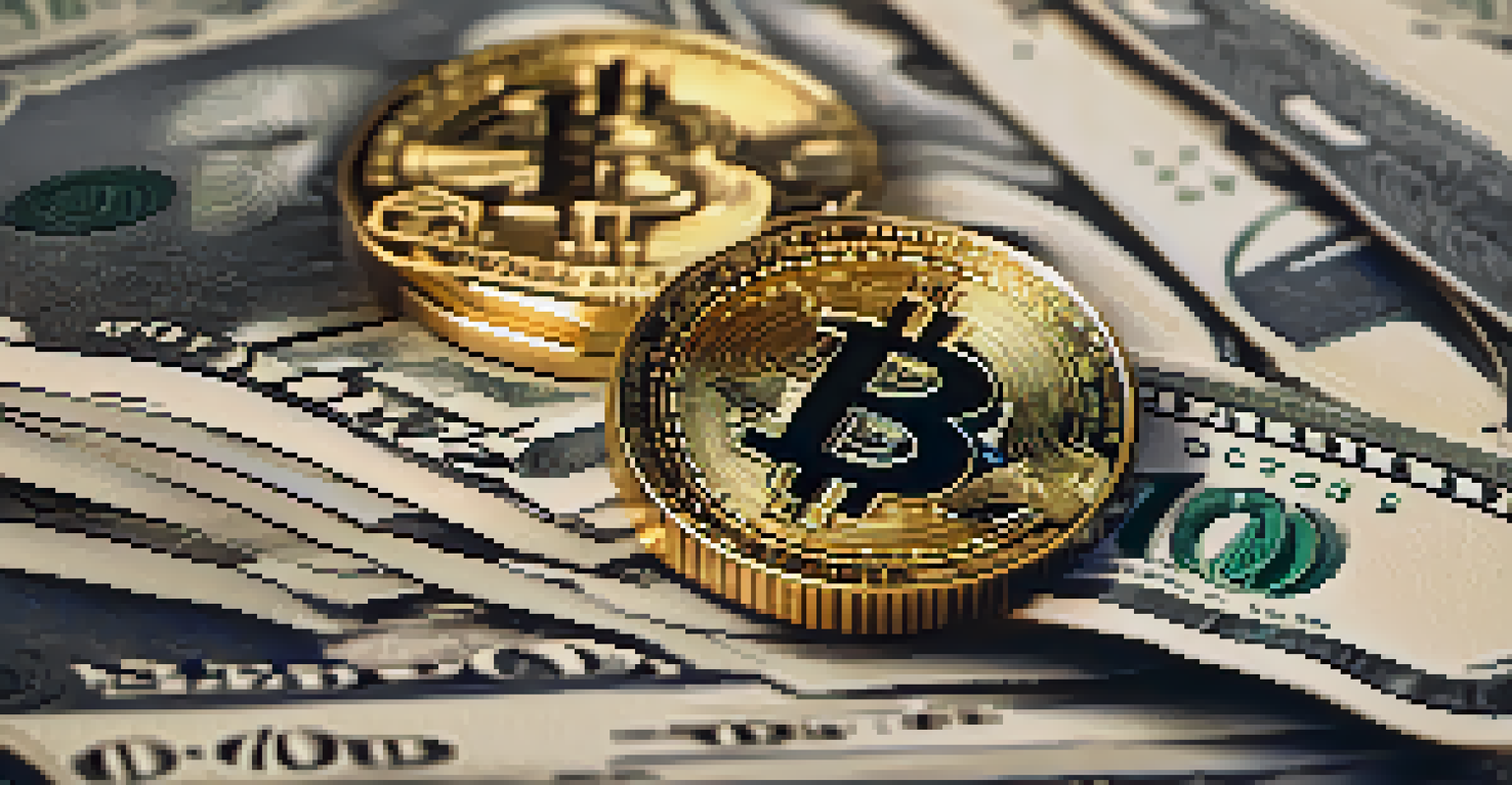 A close-up of a gold Bitcoin coin on a stack of dollar bills, showcasing its intricate engravings in soft lighting.