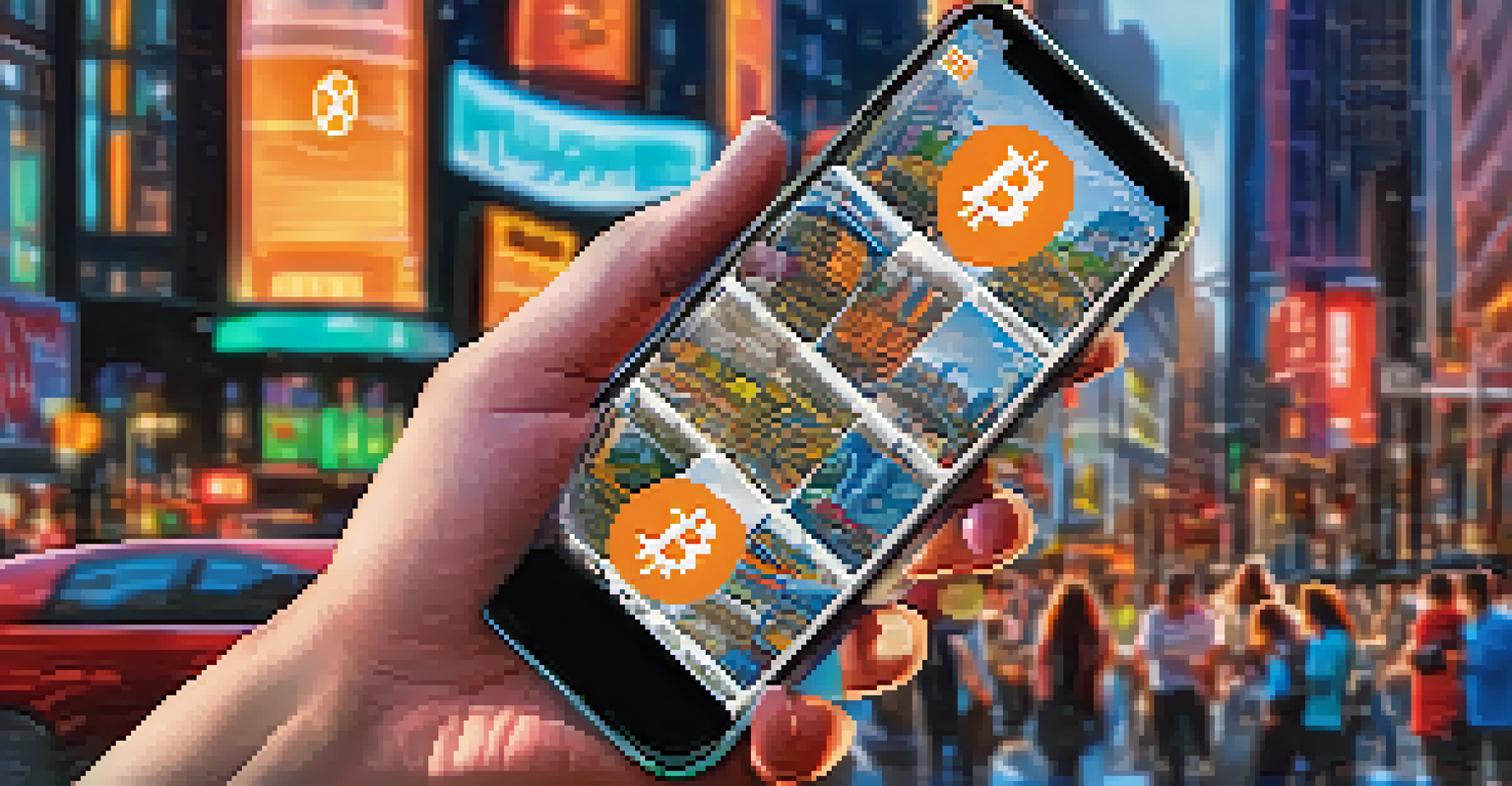 A hand holding a smartphone with a Bitcoin wallet app against a vibrant urban backdrop.