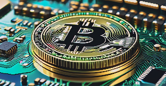 A close-up image of a Bitcoin coin on a digital circuit board, glowing with blue and green colors.