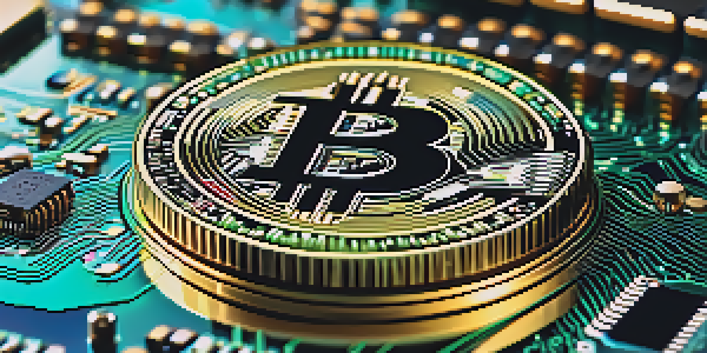 A close-up image of a Bitcoin coin on a digital circuit board, glowing with blue and green colors.