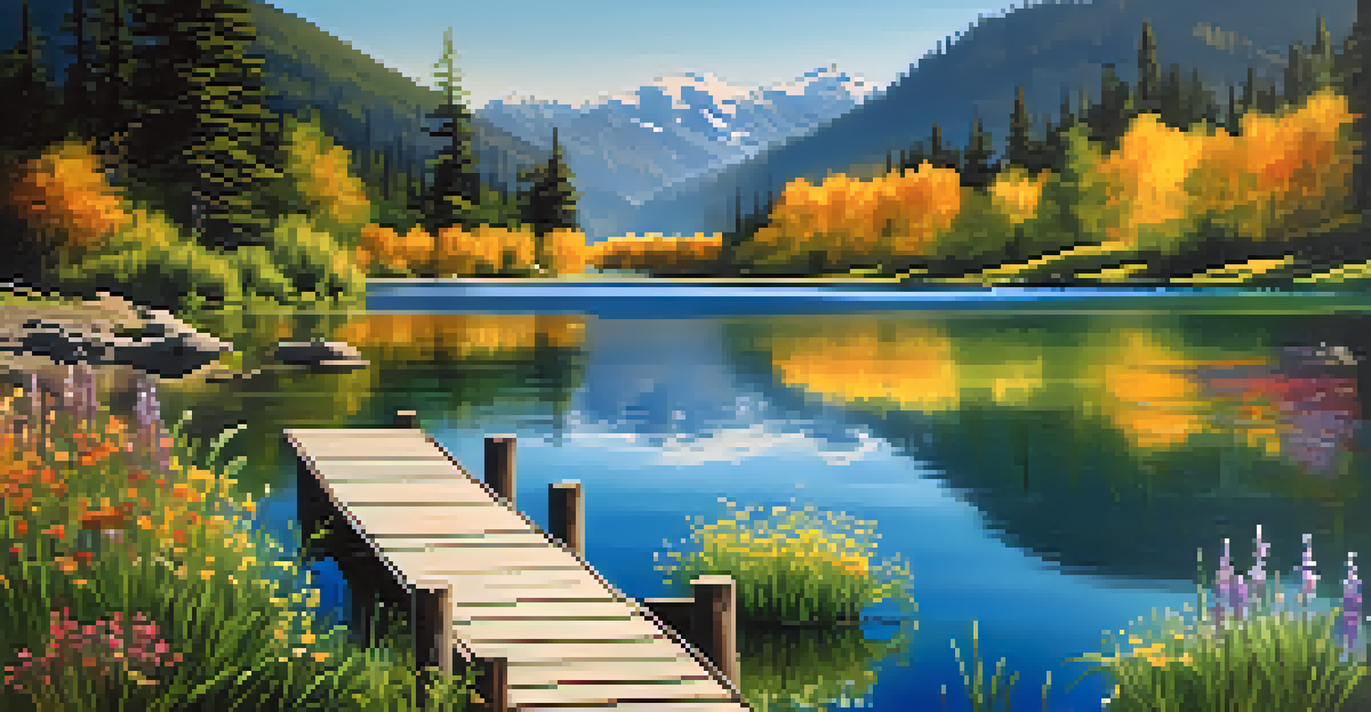 A tranquil lake surrounded by mountains, with a clear blue sky and wildflowers in the foreground.