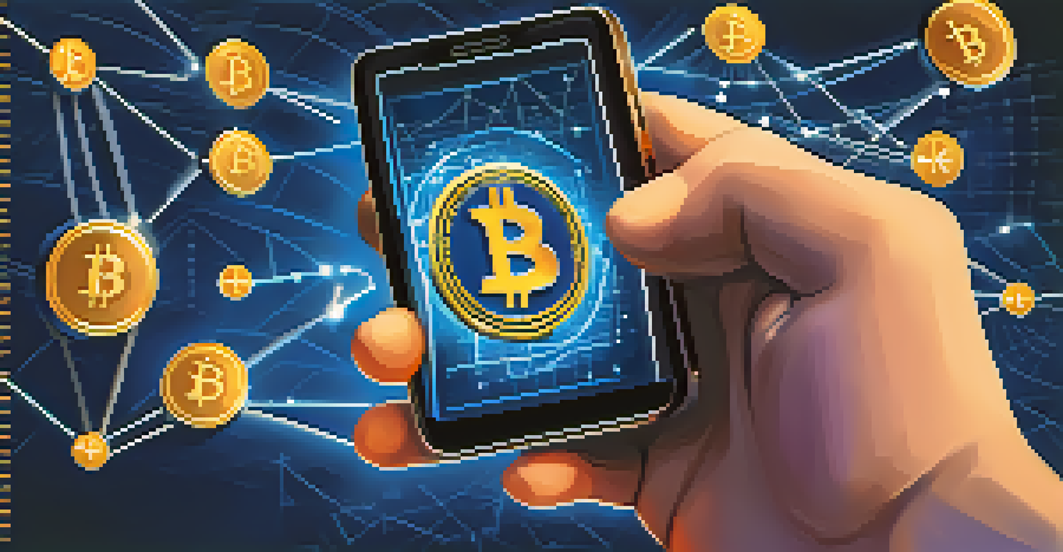 A close-up of a hand holding a smartphone with a Bitcoin wallet app, surrounded by floating currency symbols and digital graphs against a globe background.
